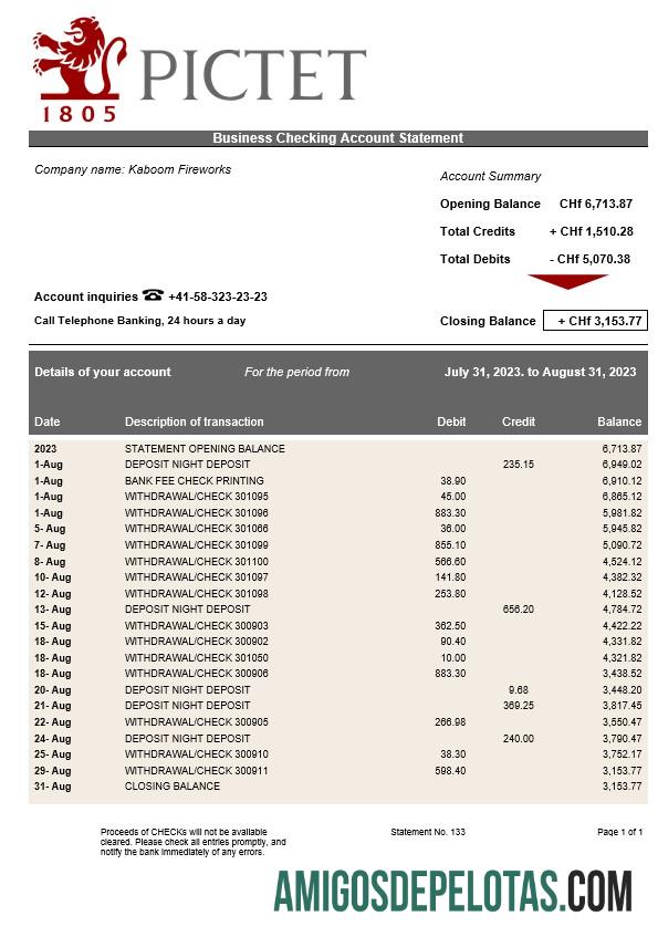 Baixável Pictet Bank Firm modelo de extrato de conta Word e PDF